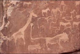 The shaman is thought to have chosen rock faces that not only served as suitable canvases but may have been portals into the other world. The act of engraving itself could have been a means of focusing energy to enter into trance. The animals are represented with elongated limbs or necks, as seen in the renditions of the giraffes, or like the well-known lion-man and dancing kudu, contain human elements or are half-human half animal, revealing the merging of the physical and spiritual worlds.