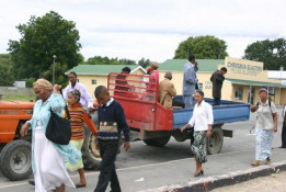 Most of the local farm workers dress up on Sunday and go to church. However, very few can afford cars so usually the farm owner or his foreman will drive everyone into town in a truck, or in this case, in a small wagon behind a tractor. All of these people are Cape Coloureds, the predominant genetic mixture of folk in the Western Cape, a "cafe au lait" of former San and Khoi people intermarrying and breeding with former Malay slaves, early settlers, and sailors from the Dutch East Indies Company, commencing in 1652. The dominant language is Afrikaans, which is also the language of the Dutch settlers.