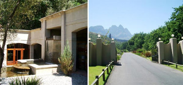 Located in the Jonkershoek Valley, just east of Stellenbosch, the Neil Ellis facilities are as striking as his labels are plain. Far from the usual Cape Dutch style, the buildings are closer to Tuscan in architecture. The running/falling water feature was restful "white noise" and the entry gateway very impressive.