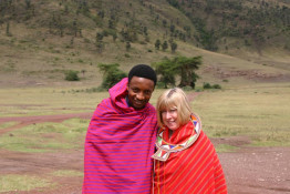 Dullah and Catherine pose on the floor of the Ngorongoro Crater, a National Conservation Area, at the start of an exceptional day of game viewing. It had been raining earlier but then the weather lifted and it was reasonably bright all day. We had just come down the steep one-way Seneto Descent Road.