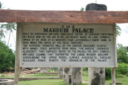 The Marhubi Palace is little more than ruins but this sign recounts its grand history; Sultan Bargash kept his official wife and 99 concubines here. (He, no fool, lived in Stone Town.) The palace grounds were inspired by his visit to England in 1875; unfortunately, the very ornate place burned down in 1899, despite being built of coral stone as well as wood, and lots of water for the many bathing areas in the palace. (In Persian baths they kept the water warm for bathing with underground furnaces, so that may have lead to the property's unfortunate end.)